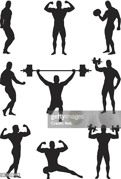 body builder flexing and lifting weights - bodybuilder flexing biceps stock illustrations