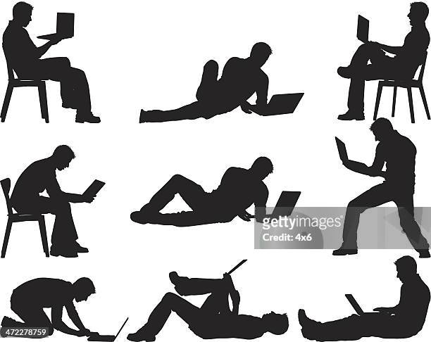 casual man playing on laptop sitting standing laying down - lying on back stock illustrations