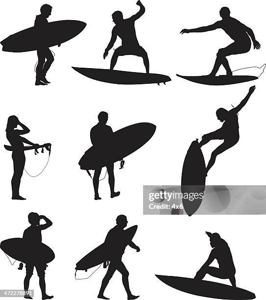 ilustraciones, imágenes clip art, dibujos animados e iconos de stock de surfers y con sus tablas de surf - chico movil