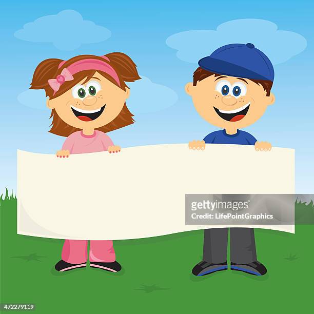 cute girl and boy holding banner for your text - freckle stock illustrations
