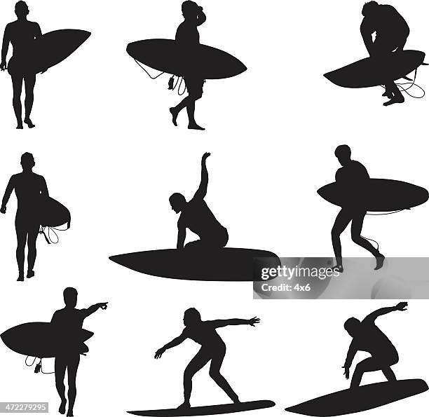 surfer people surfing and carrying surfboards - people floating white background stock illustrations