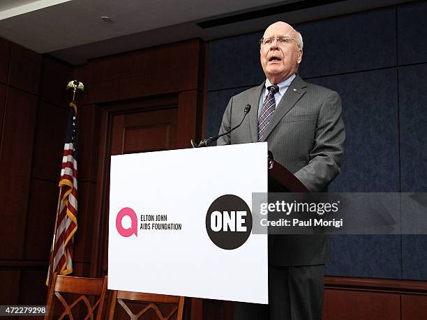 Event co-host U.S. Sen. Patrick Leahey speaks during an Elton John AIDS Foundation and The ONE Campaign hosted reception on global HIV/AIDS funding...