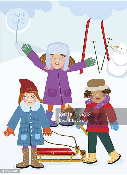 three girls in winter park with snowman - ski humour stock illustrations
