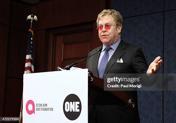 Sir Elton John, Founder, Elton John AIDS Foundation, speaks during an Elton John AIDS Foundation and The ONE Campaign hosted reception on global...