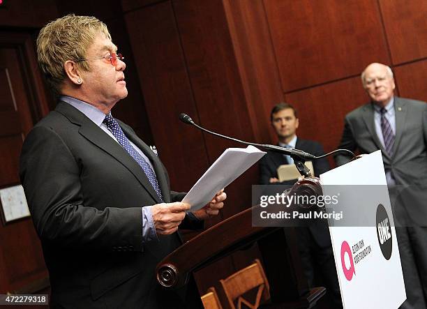 Sir Elton John, Founder, Elton John AIDS Foundation, speaks as U.S. Sen. Patrick Leahey listens during an Elton John AIDS Foundation and The ONE...