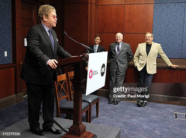 Sir Elton John, Founder, Elton John AIDS Foundation, speaks as U.S. Sen. Patrick Leahey and Pastor Rick Warren listen during an Elton John AIDS...