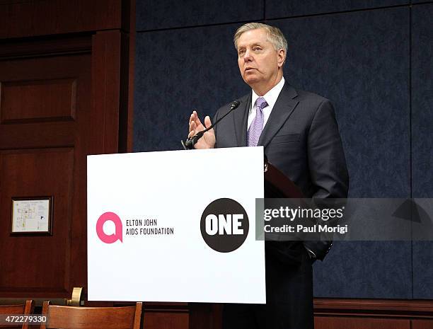 Event co-host U.S. Sen. Lindsay Graham speaks during an Elton John AIDS Foundation and The ONE Campaign hosted reception on global HIV/AIDS funding...