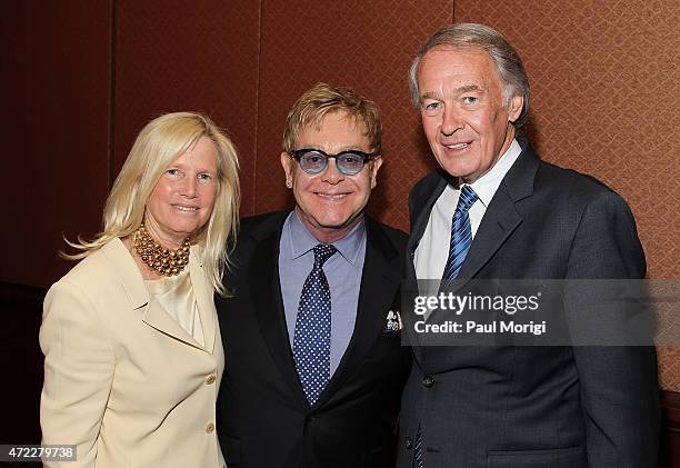 Dr. Susan Blumenthal, Senior Policy and Medical Advisor, amfAR, Sir Elton John, Founder, Elton John AIDS Foundation, and U.S. Sen. Edward Markey pose...