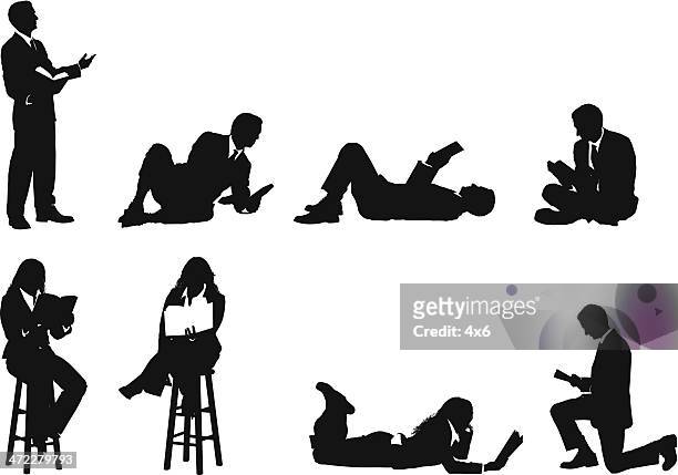 businesspeople leisurely reading books - lying on front stock illustrations