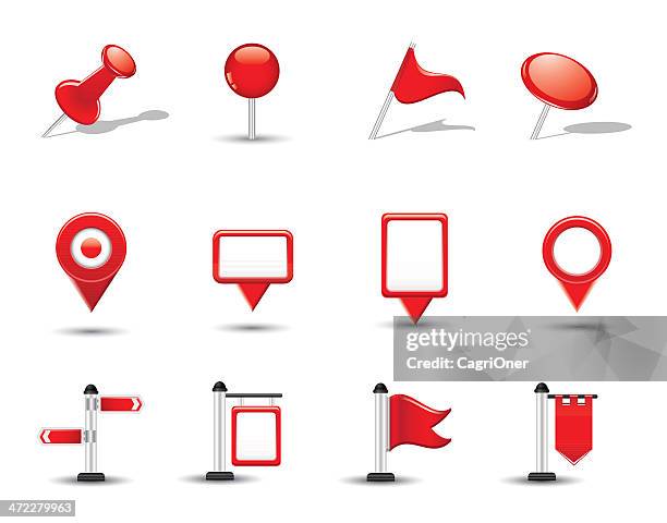 stockillustraties, clipart, cartoons en iconen met shiny map symbols, flags and pins - location pin icon