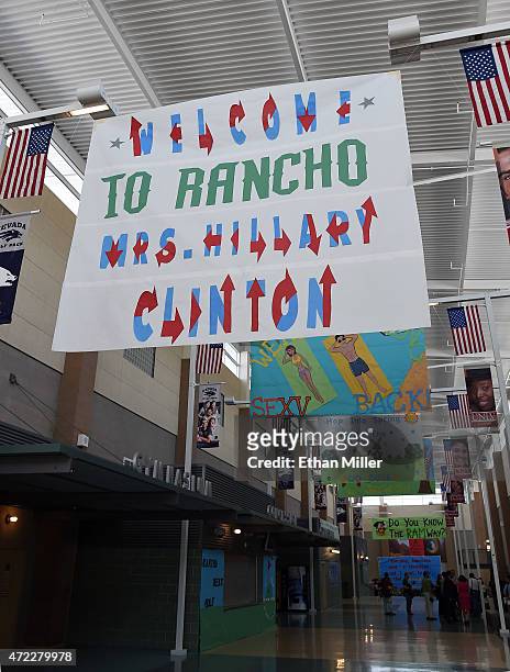 Sign made by students with a message welcoming Democratic presidential candidate and former U.S. Secretary of State Hillary Clinton hangs at Rancho...