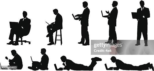 stockillustraties, clipart, cartoons en iconen met businessman working on laptop sitting standing and lying down - kruk zitmeubels