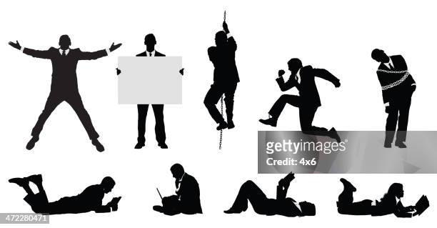 businessmen doing different activities - person holding up sign stock illustrations