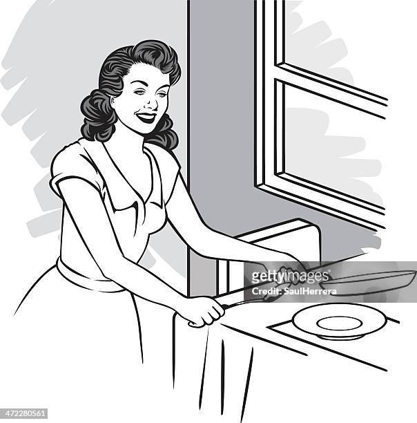housewife cooking - 1960 kitchen stock illustrations