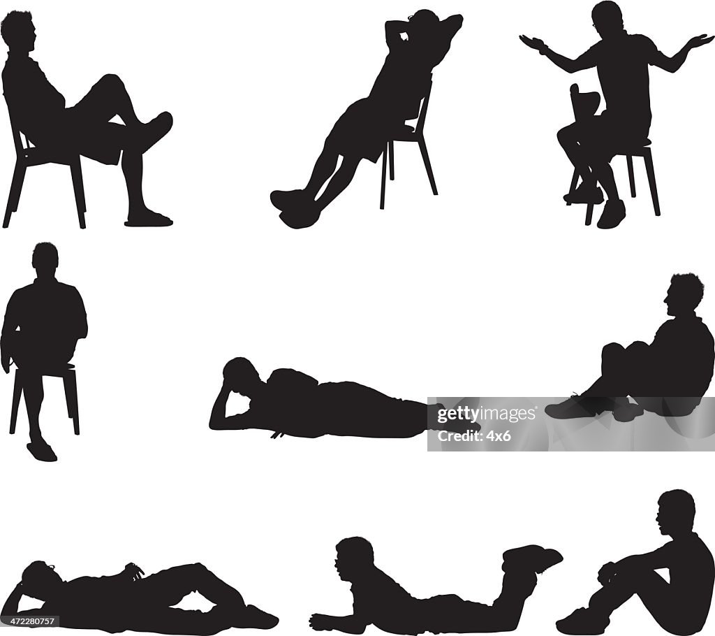 Male silhouettes sitting and laying around