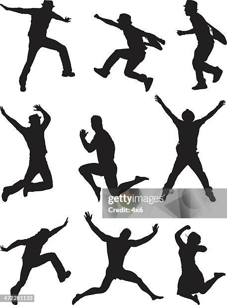 silhouette people jumping through the air - punching the air stock illustrations