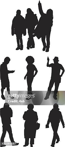 silhouette people walking and standing - trench coat stock illustrations