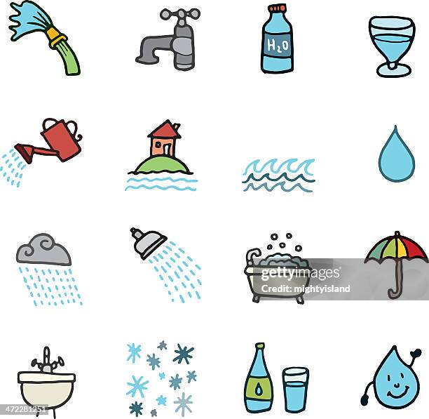 water doodle icon set - rainwater basin stock illustrations