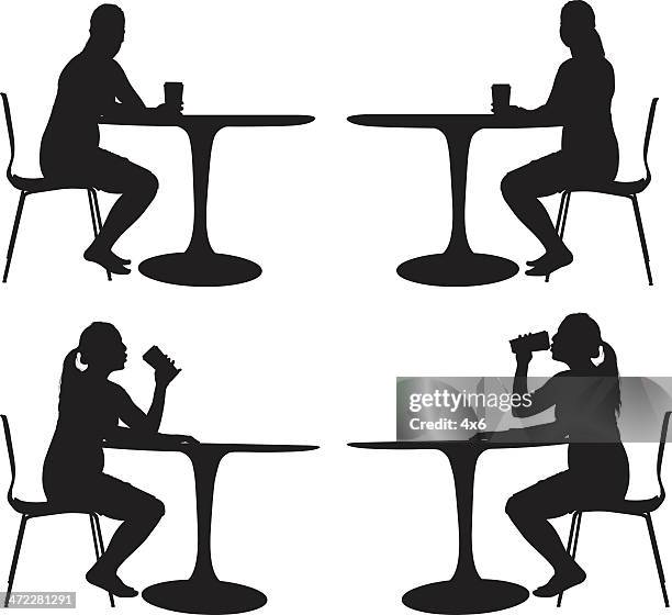 woman sitting alone at table drinking - table side view stock illustrations