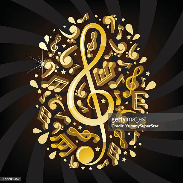 golden treble clef illustrarion - 3d music notes stock illustrations