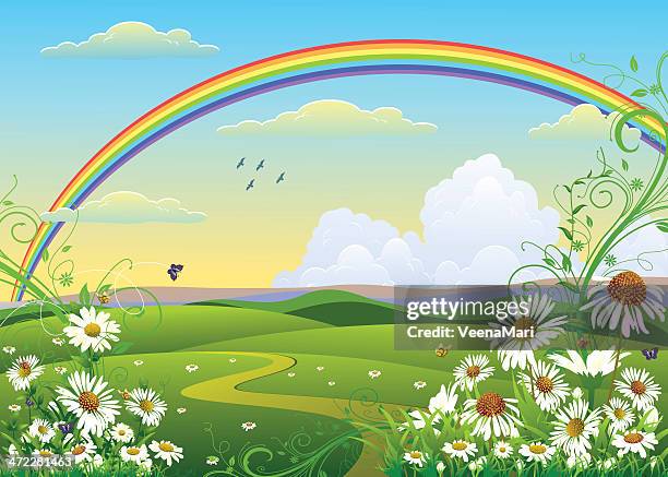 spring landscape with rainbow - chamomile stock illustrations