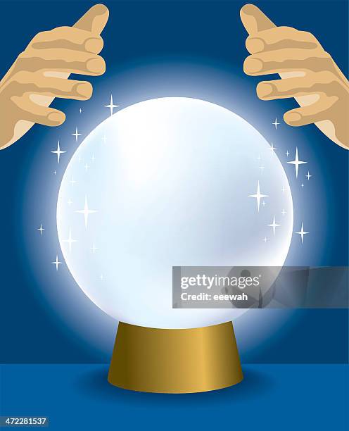 cartoon of a crystal ball with hands hovering over it - fortune telling stock illustrations