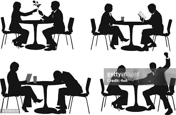 business couple sitting at table for lunch break - man holding out flowers stock illustrations