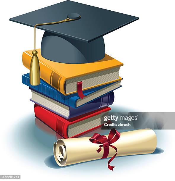 mortar board on the stack of books - post secondary education stock illustrations