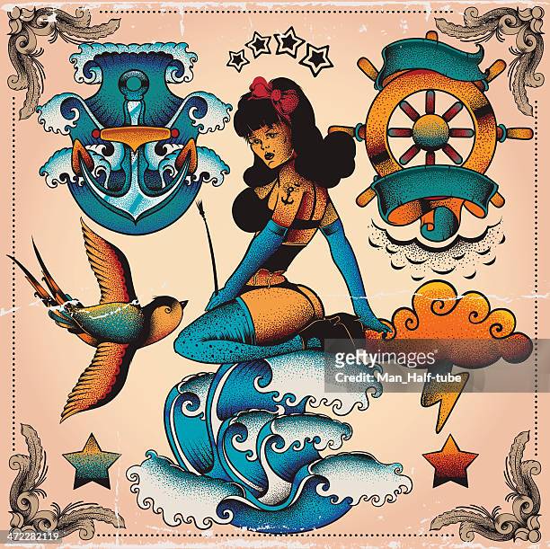 nautical tattoo designs - pin up girl tattoo stock illustrations