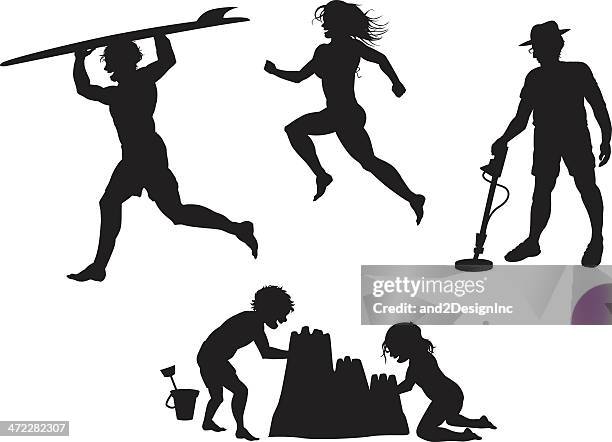 stockillustraties, clipart, cartoons en iconen met beach people silhouettes - schatzoeken