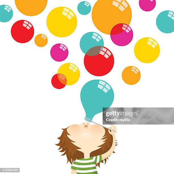 stockillustraties, clipart, cartoons en iconen met blowing bubbles. happy kid - bubbles happy