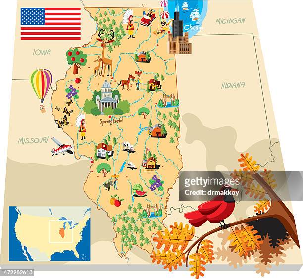 stockillustraties, clipart, cartoons en iconen met cartoon map of ilinois - peoria illinois