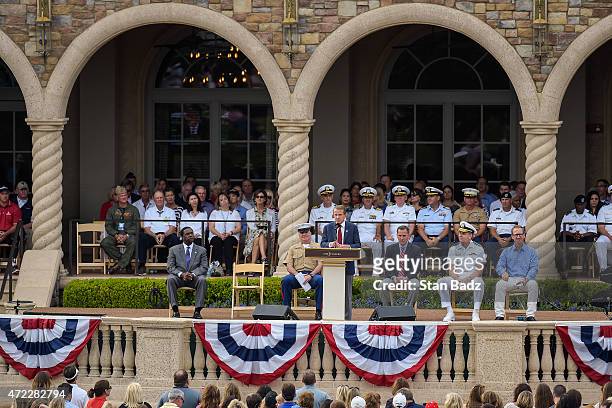 On stage, from left, Jacksonville Mayor Alvin Brown, Sergeant Major Bryan Battaglia, PGA TOUR Commissioner Tim Finchem, Steve Sands of NBC Golf...