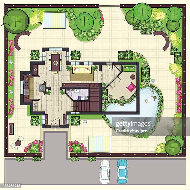 house plan top view with garden - vegetable garden stock illustrations