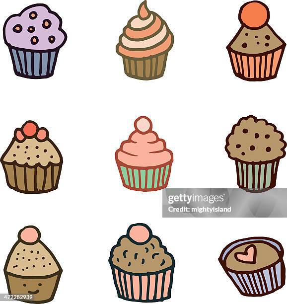 cupcake doodle icon set - baking muffins stock illustrations