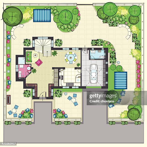 house plan with a beautiful garden and four lounge zones - architect house plans stock illustrations