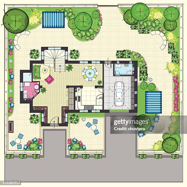 house plan with a beautiful garden and four lounge zones - bathroom door stock illustrations