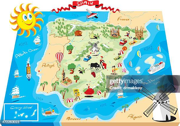 cartoon map of spain - barcelona beach stock illustrations