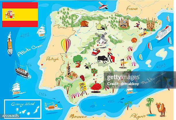 stockillustraties, clipart, cartoons en iconen met cartoon map of spain - sevilla spanje