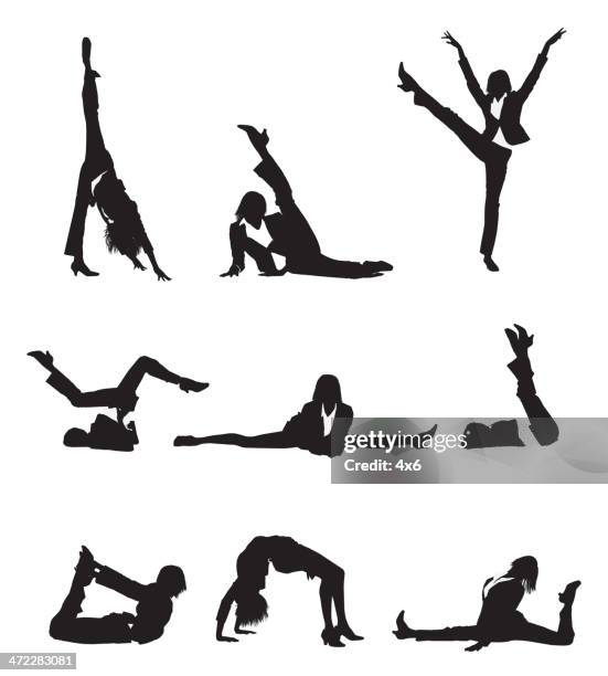 flexible businesswoman with long legs stretching - lying on back exercise stock illustrations