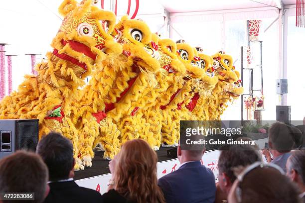 Resorts World Lion Dancers perform during the Genting Group's ceremonial groundbreaking for Resorts World Las Vegas on May 5, 2015 in Las Vegas,...