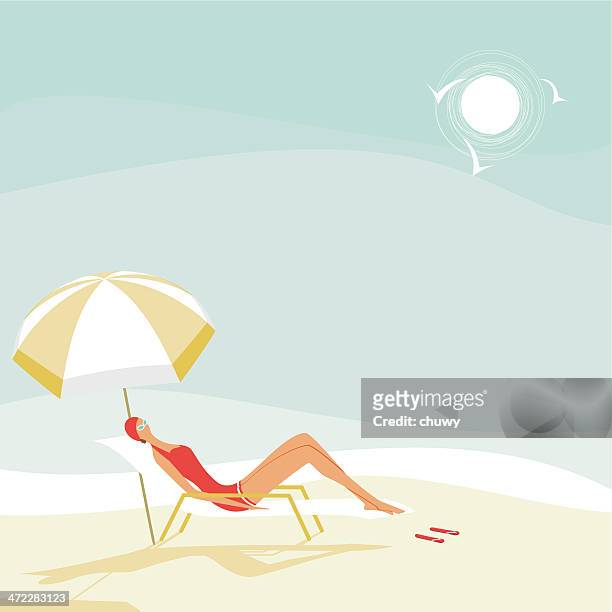 illustrazioni stock, clip art, cartoni animati e icone di tendenza di estate donna sulla spiaggia - sedia a sdraio