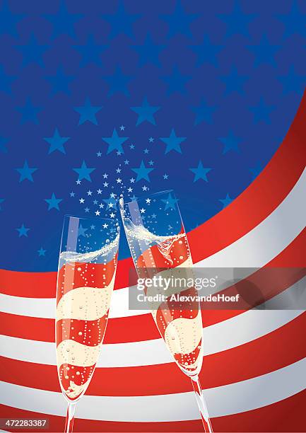 ilustrações de stock, clip art, desenhos animados e ícones de bandeira de eua e champagne flutes - 4th of july with wine