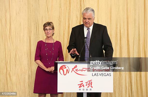 Clark County Commissioners Chris Giunchigliani and Steve Sisolak speak during the Genting Group's ceremonial groundbreaking for Resorts World Las...