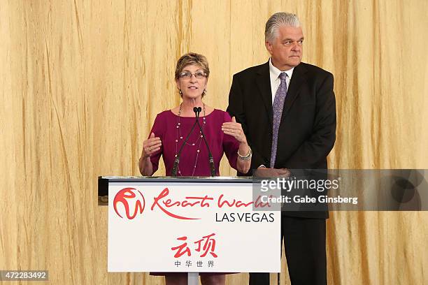 Clark County Commissioners Chris Giunchigliani and Steve Sisolak speak during the Genting Group's ceremonial groundbreaking for Resorts World Las...