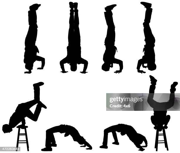 man standing on his head and doing handstands - head back stock illustrations