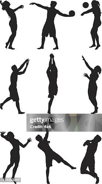 männer und frauen spielen sie beach-volleyball - strand volleyball stock-grafiken, -clipart, -cartoons und -symbole