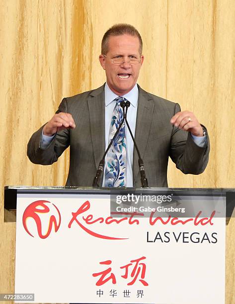 Nevada Lt. Gov. Mark Hutchison speaks during the Genting Group's ceremonial groundbreaking for Resorts World Las Vegas on May 5, 2015 in Las Vegas,...