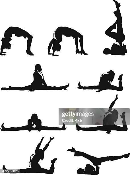 flexible businesswoman doing the splits - lying on back exercise stock illustrations