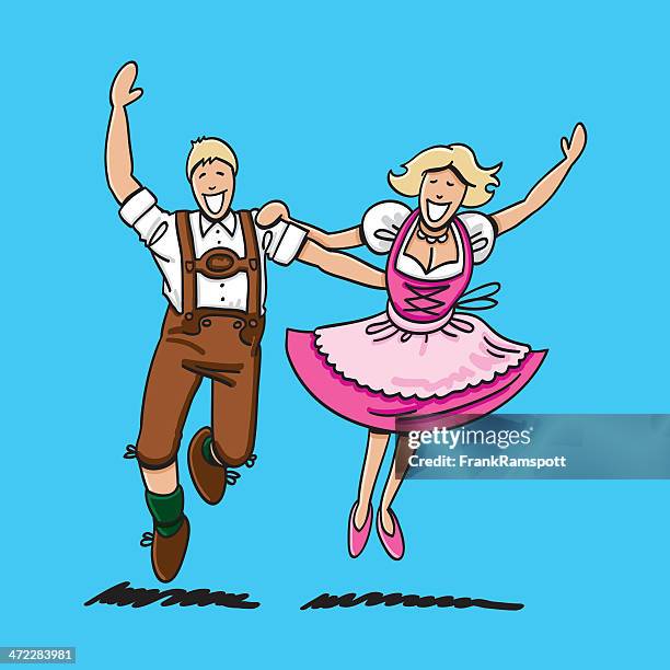 happy bavarian couple dancing - couple dancing outside stock illustrations